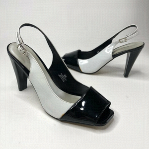 PIERRE DUMAS Black White Colorblock Slingback Peep-toe Slingback Heels Shoes